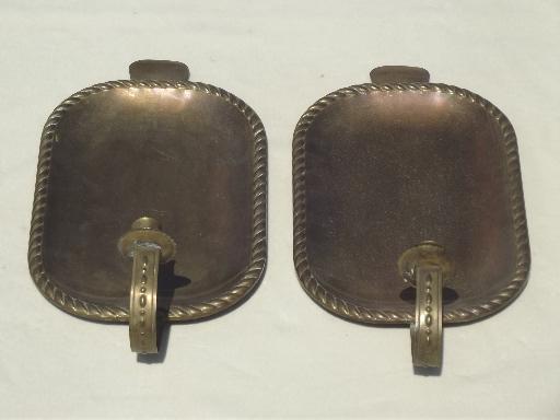 photo of tarnished old brass tray wall sconces, primitive vintage candle sconces #5