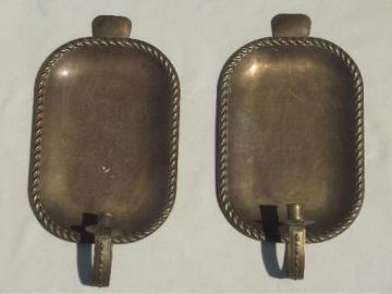 catalog photo of tarnished old brass tray wall sconces, primitive vintage candle sconces