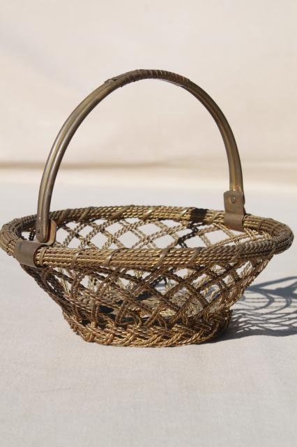 photo of tarnished old brass wire work basket, vintage brassware w/ beautiful patina #1