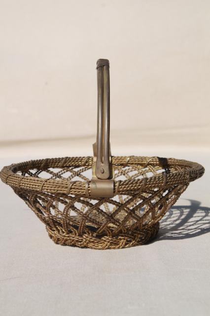 photo of tarnished old brass wire work basket, vintage brassware w/ beautiful patina #3