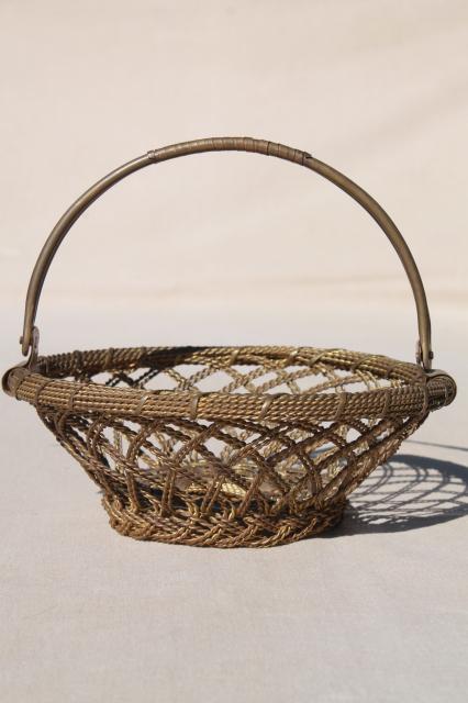 photo of tarnished old brass wire work basket, vintage brassware w/ beautiful patina #4