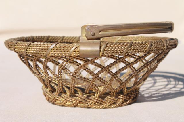 photo of tarnished old brass wire work basket, vintage brassware w/ beautiful patina #5