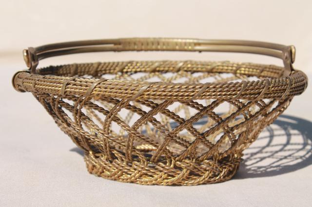 photo of tarnished old brass wire work basket, vintage brassware w/ beautiful patina #6