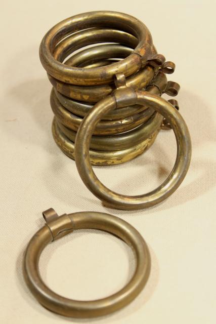 photo of tarnished patina vintage brass curtain rings, round ring drapery hangers for big modern rods #1