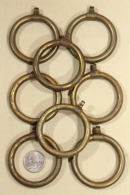 photo of tarnished patina vintage brass curtain rings, round ring drapery hangers for big modern rods #2