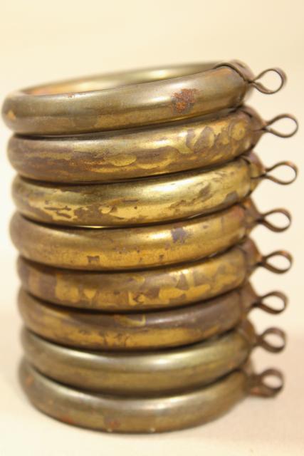 photo of tarnished patina vintage brass curtain rings, round ring drapery hangers for big modern rods #7
