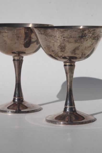 photo of tarnished silver plate champagne coupe glasses, pair of vintage wedding goblets #1