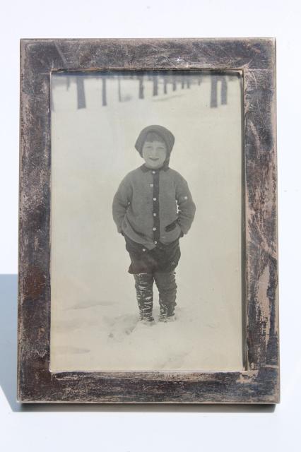 photo of tarnished sterling silver picture frame w/ vintage photo little boy in short pants, 1940s?  #2