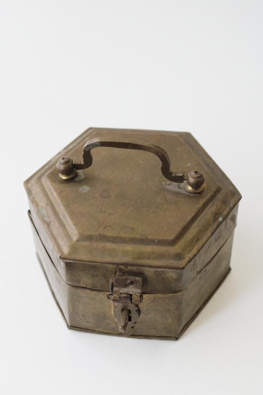 photo of tarnished vintage brass box, bohemian decor made in India, small trinket box w/ handle #2