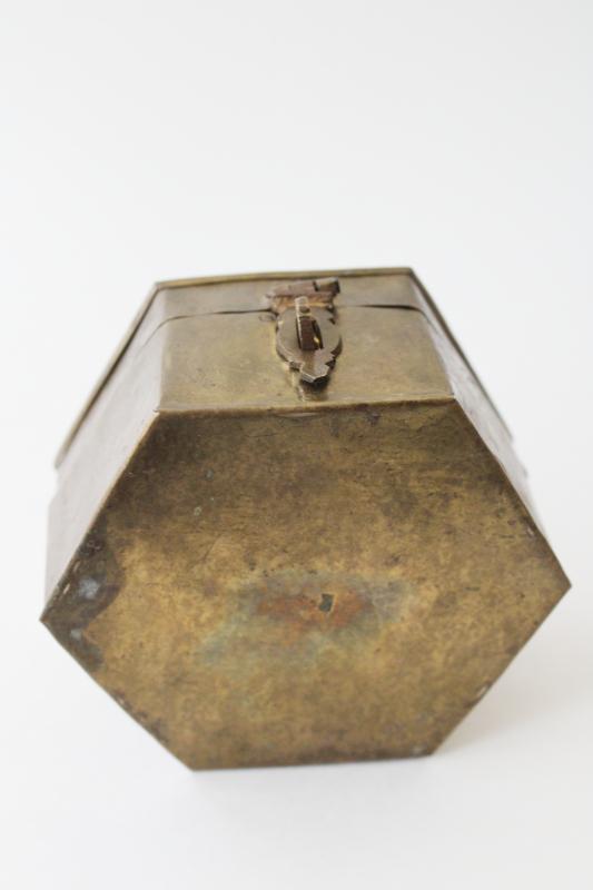 photo of tarnished vintage brass box, bohemian decor made in India, small trinket box w/ handle #3