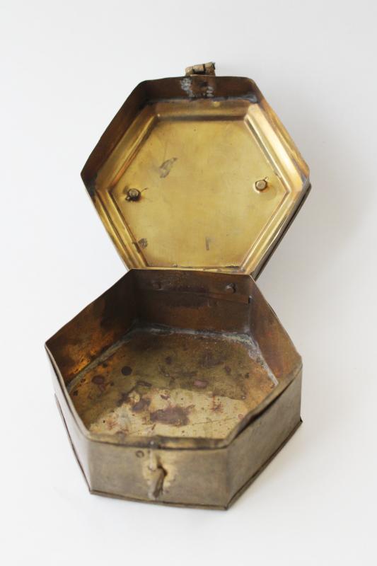 photo of tarnished vintage brass box, bohemian decor made in India, small trinket box w/ handle #4