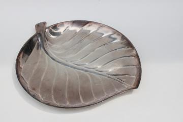 tarnished vintage silver plate, large mod leaf shape tray or trinket dish