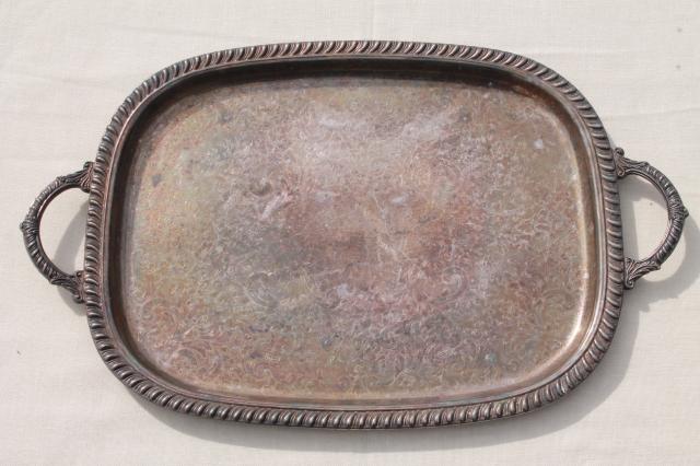 photo of tarnished vintage silver plate waiter's tray, large serving tray w/ handles #1