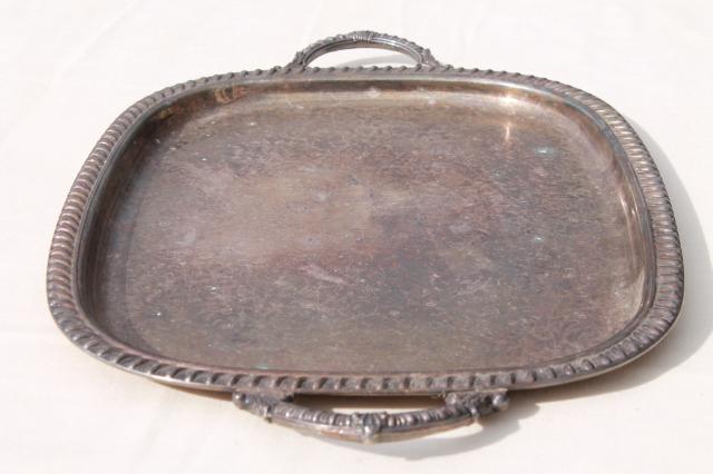 photo of tarnished vintage silver plate waiter's tray, large serving tray w/ handles #3