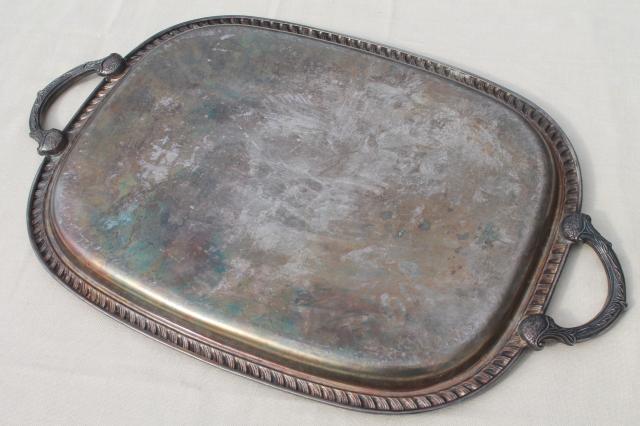 photo of tarnished vintage silver plate waiter's tray, large serving tray w/ handles #7