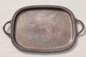 catalog photo of tarnished vintage silver plate waiter's tray, large serving tray w/ handles