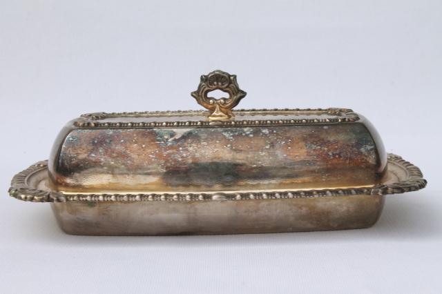 photo of tarnished vintage silver, silverplate on copper butter dish, glass plate & cover #2