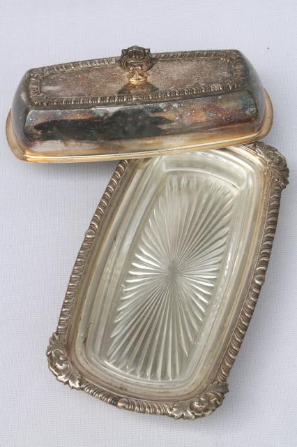 photo of tarnished vintage silver, silverplate on copper butter dish, glass plate & cover #3