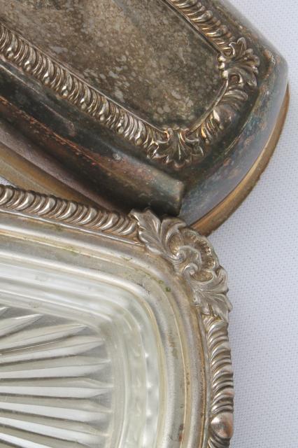 photo of tarnished vintage silver, silverplate on copper butter dish, glass plate & cover #5