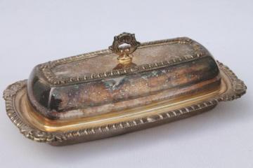 catalog photo of tarnished vintage silver, silverplate on copper butter dish, glass plate & cover