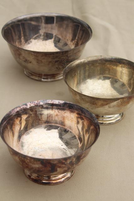 photo of tarnished vintage silver trio of Revere bowls, small flower bowl or candy dishes #4