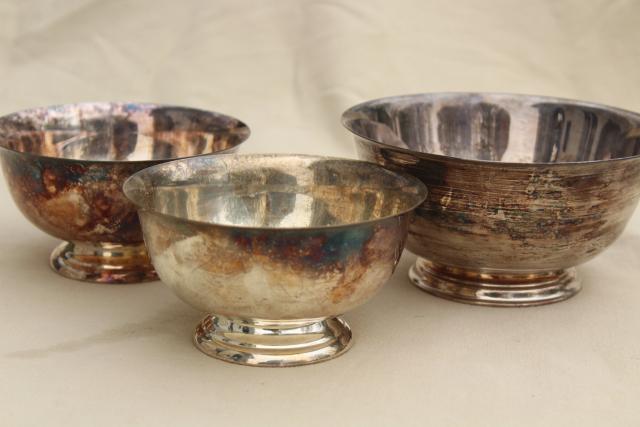 photo of tarnished vintage silver trio of Revere bowls, small flower bowl or candy dishes #5