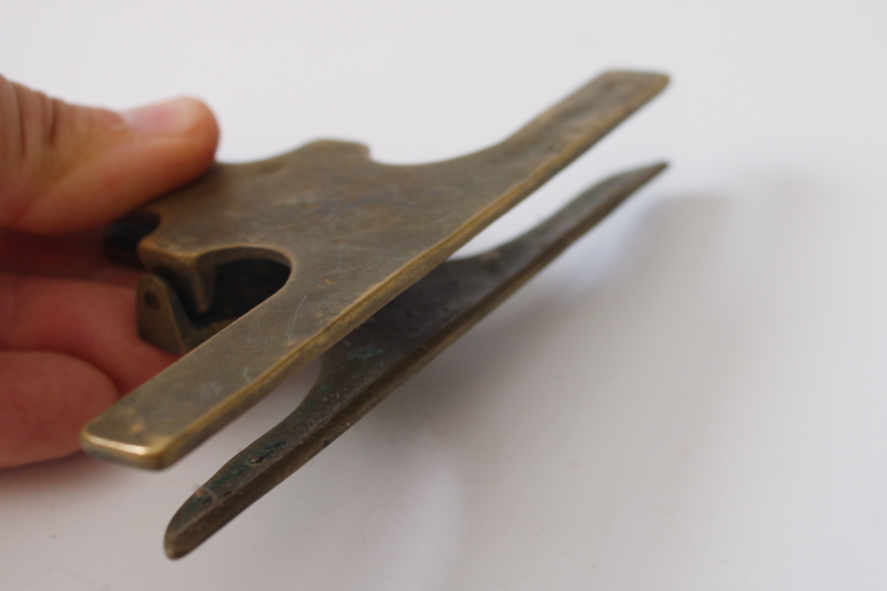photo of tarnished vintage solid brass desk papers clip, large spring clip for paper organization, storage or display  #3