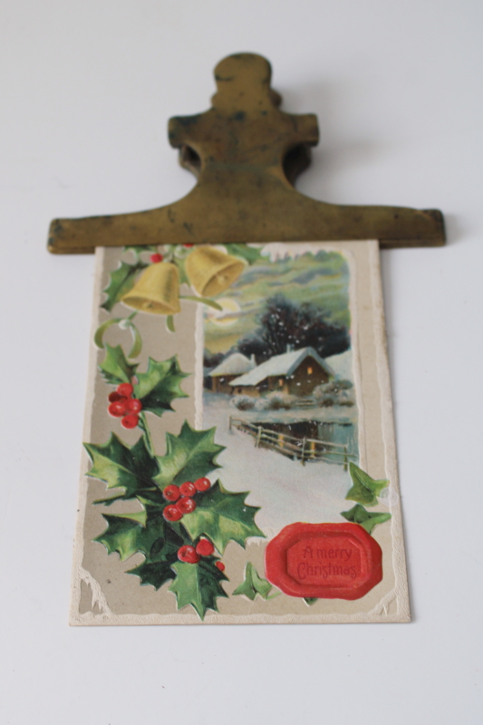 photo of tarnished vintage solid brass desk papers clip, large spring clip for paper organization, storage or display  #5