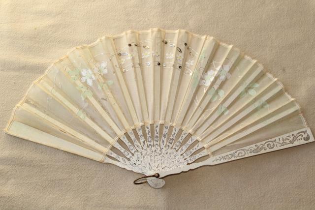 photo of tattered antique hand painted silk fan, circa 1900 vintage debutante ball #1