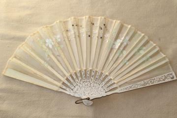 catalog photo of tattered antique hand painted silk fan, circa 1900 vintage debutante ball