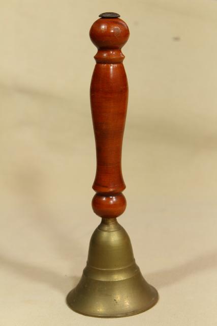 photo of teachers school desk bell, old brass counter bell w/ big wood handle #1