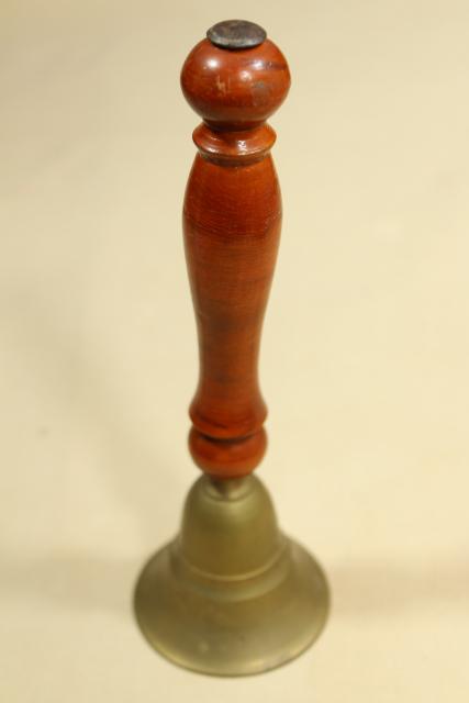 photo of teachers school desk bell, old brass counter bell w/ big wood handle #6