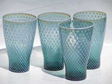 catalog photo of teal blue Fostoria needlepoint vintage glass tumblers, set of 4