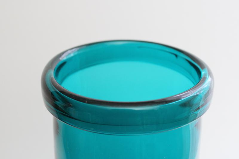 photo of teal blue hand blown glass vase, vintage floor vase jar for large heavy flower arrangements #2