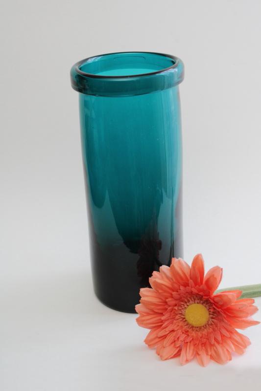 photo of teal blue hand blown glass vase, vintage floor vase jar for large heavy flower arrangements #5