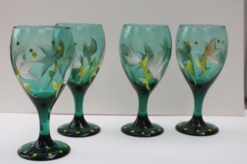 photo of teal green glass wine glasses w/ hand painted flowers in white & chartreuse #1