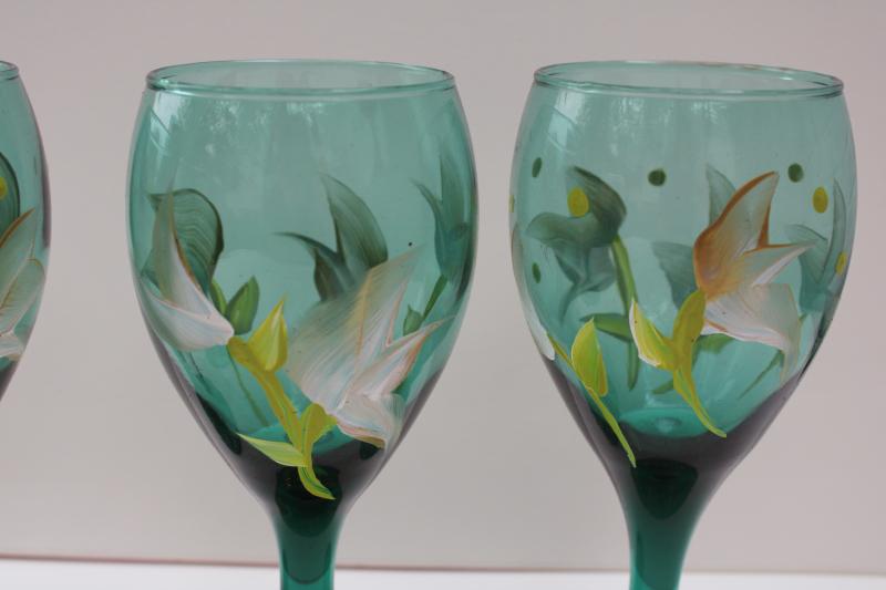 photo of teal green glass wine glasses w/ hand painted flowers in white & chartreuse #2