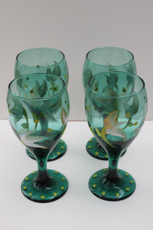 photo of teal green glass wine glasses w/ hand painted flowers in white & chartreuse #4