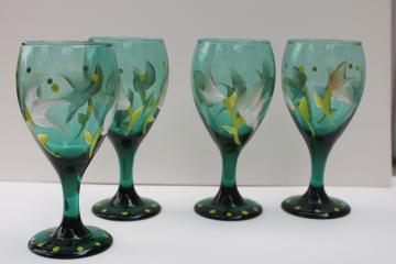 catalog photo of teal green glass wine glasses w/ hand painted flowers in white & chartreuse