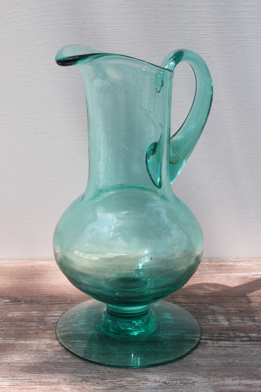 photo of teal green hand blown glass pitcher, tall art glass vase mid century modern vintage #1