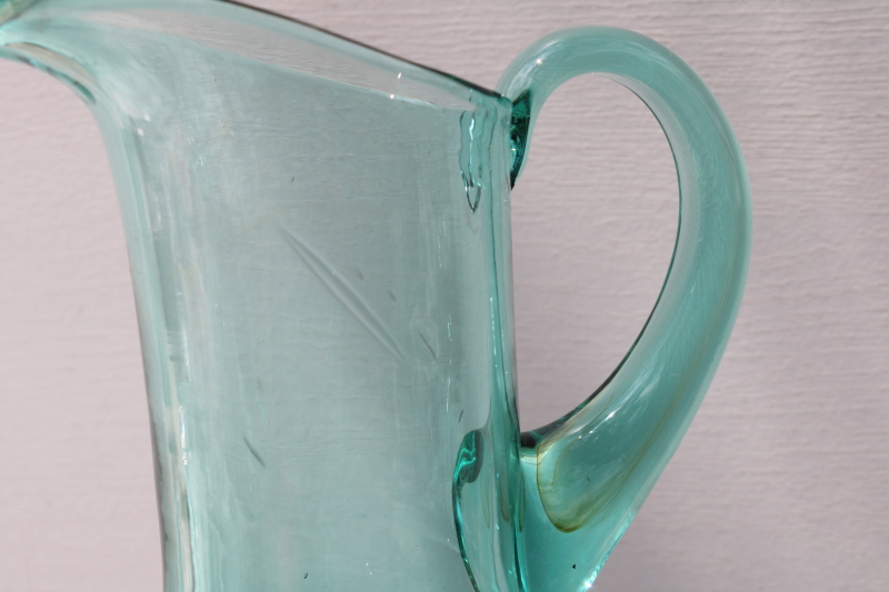 photo of teal green hand blown glass pitcher, tall art glass vase mid century modern vintage #2