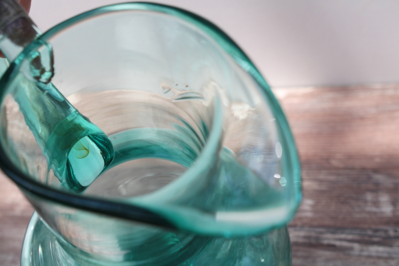 photo of teal green hand blown glass pitcher, tall art glass vase mid century modern vintage #3