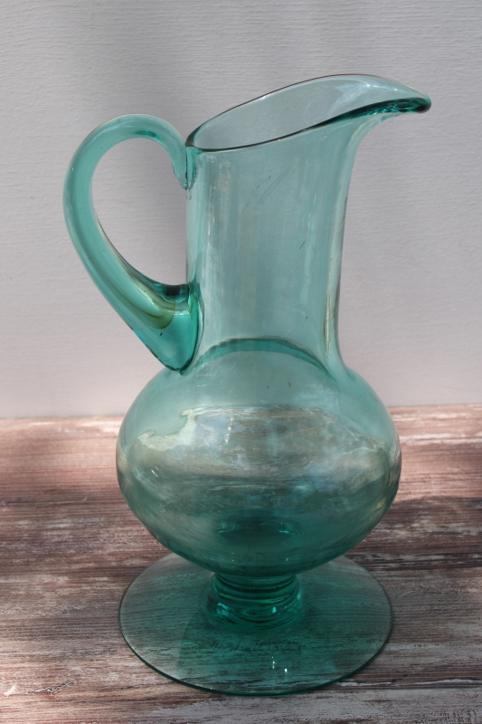 photo of teal green hand blown glass pitcher, tall art glass vase mid century modern vintage #4