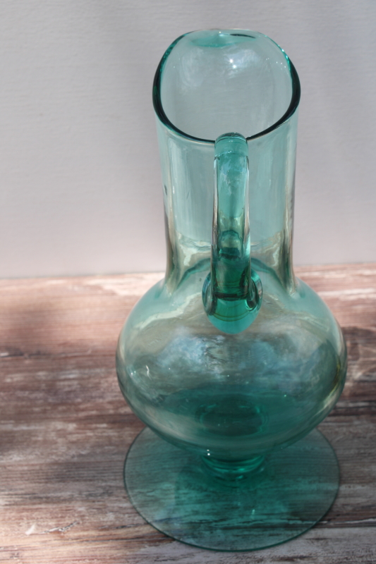 photo of teal green hand blown glass pitcher, tall art glass vase mid century modern vintage #5