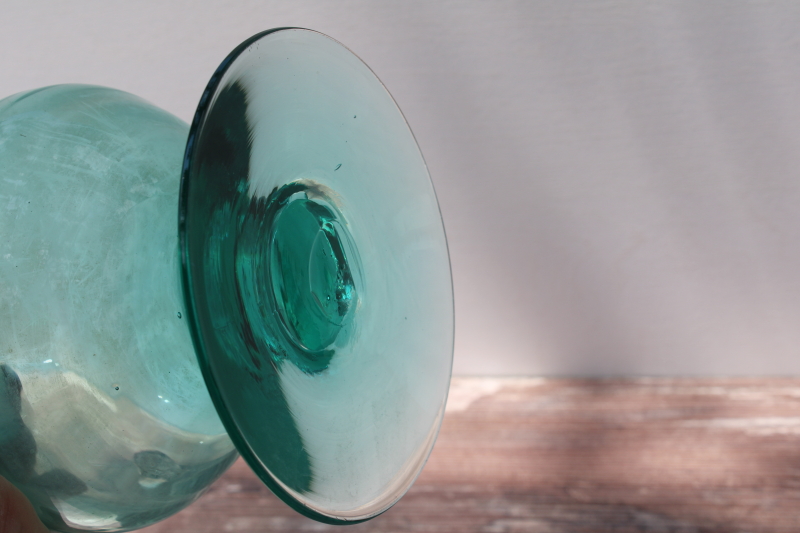 photo of teal green hand blown glass pitcher, tall art glass vase mid century modern vintage #6