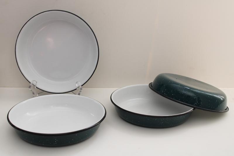 photo of teal & white spatter enamelware dishes, camp cooking pan shape plates or bowls #1
