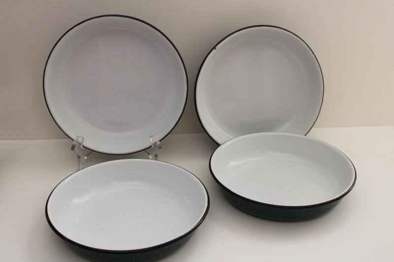 photo of teal & white spatter enamelware dishes, camp cooking pan shape plates or bowls #2