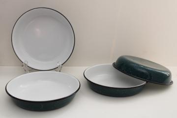 catalog photo of teal & white spatter enamelware dishes, camp cooking pan shape plates or bowls