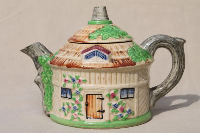 photo of thatched cottage china teapot, vintage Japan hand painted ceramic cottageware #1