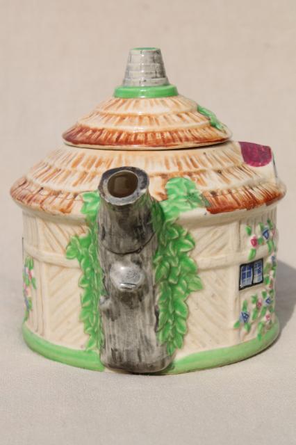 photo of thatched cottage china teapot, vintage Japan hand painted ceramic cottageware #2
